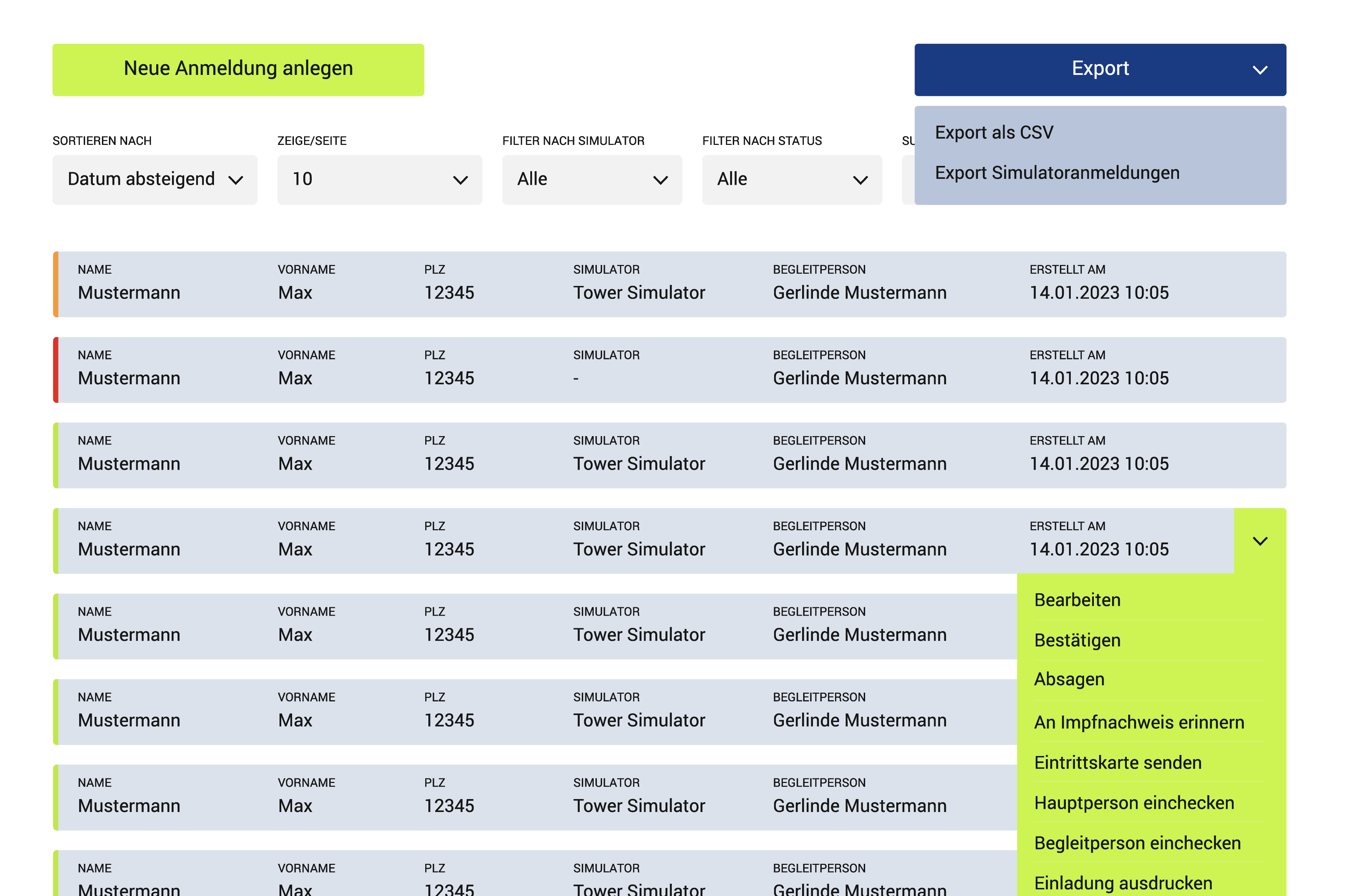 Backend Verwaltung der Anmeldungen