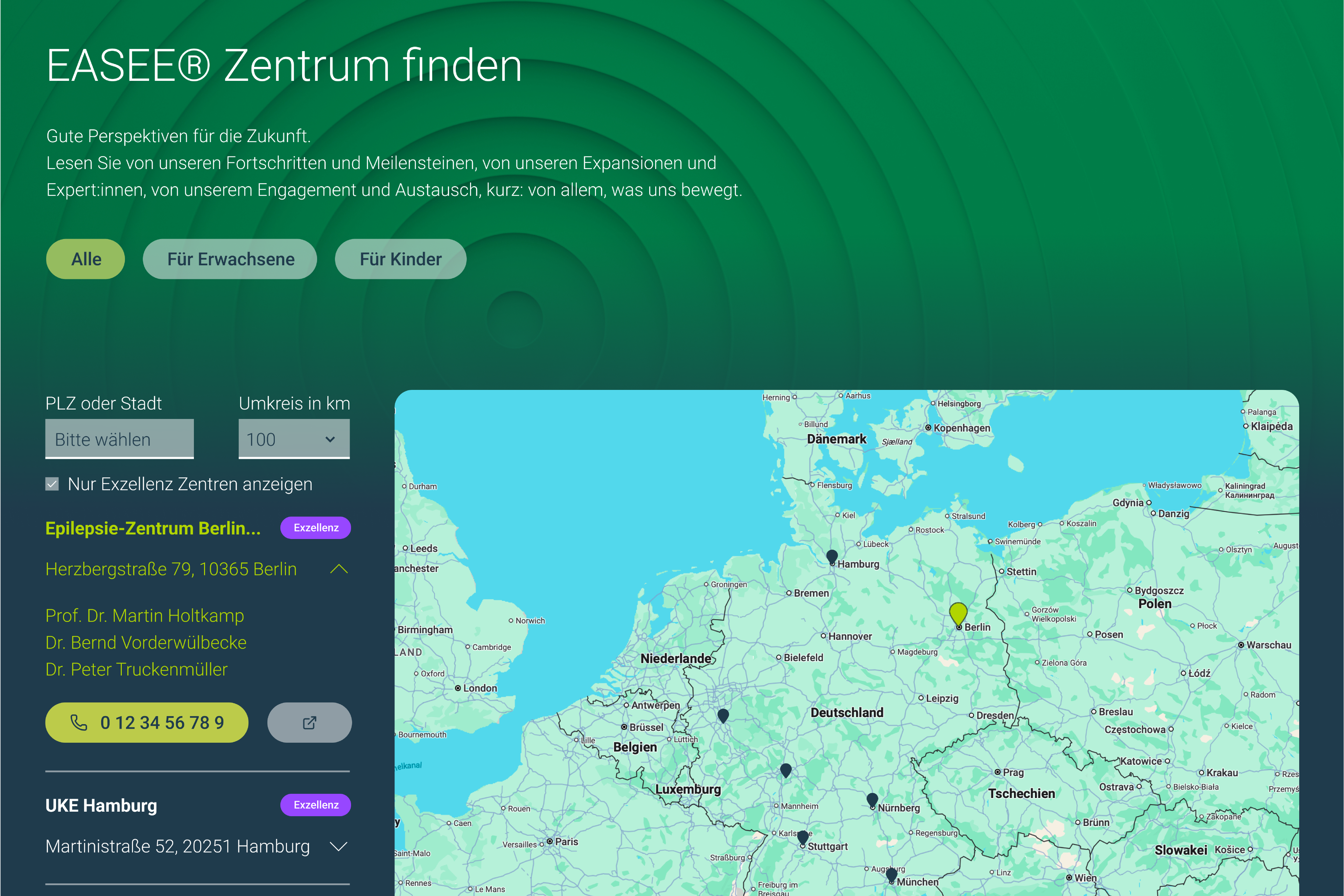 Karte mit Standort Übersicht und Filterfunktionen