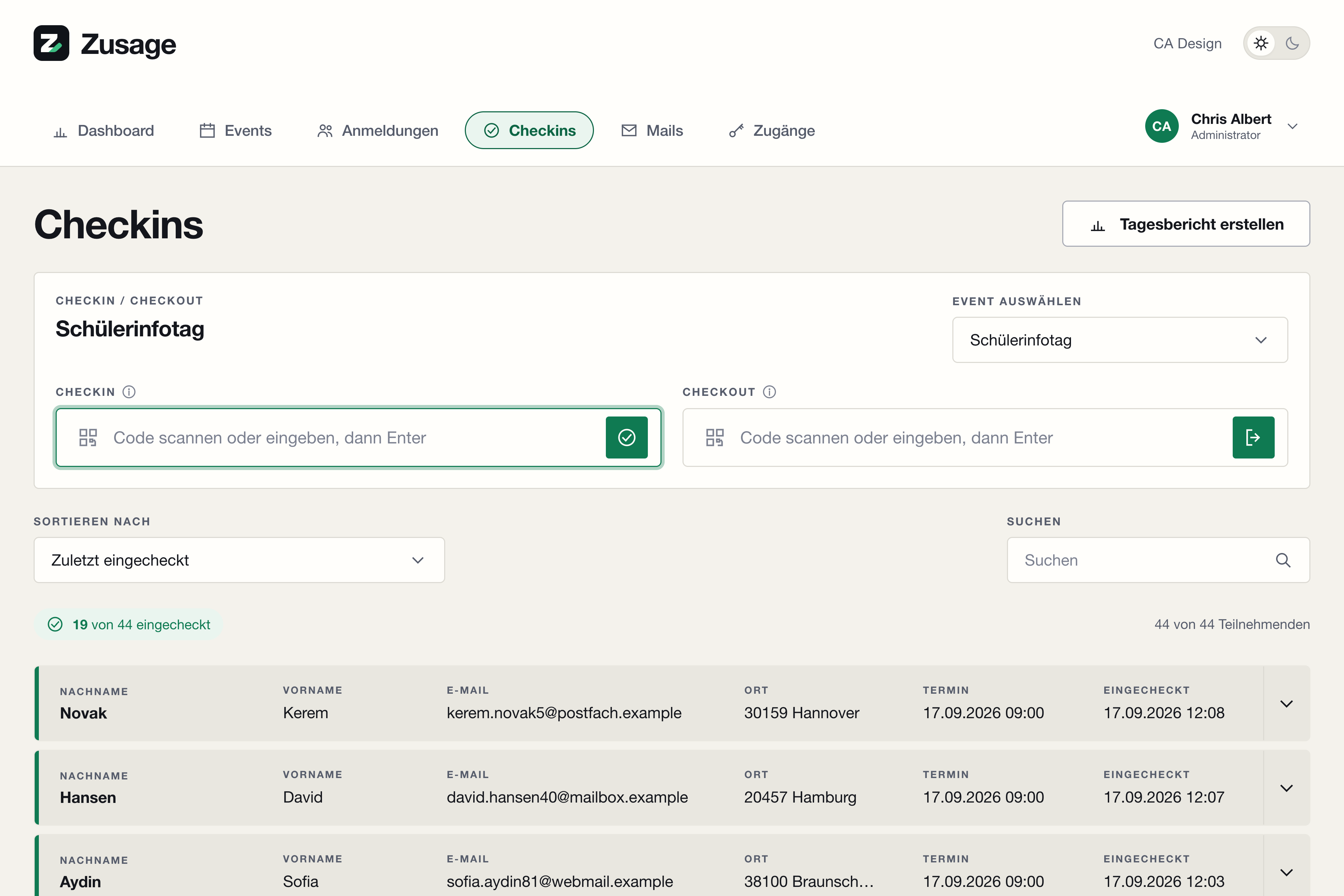 Check-in am Einlass mit Eventwahl, Scanfeld und laufendem Zähler