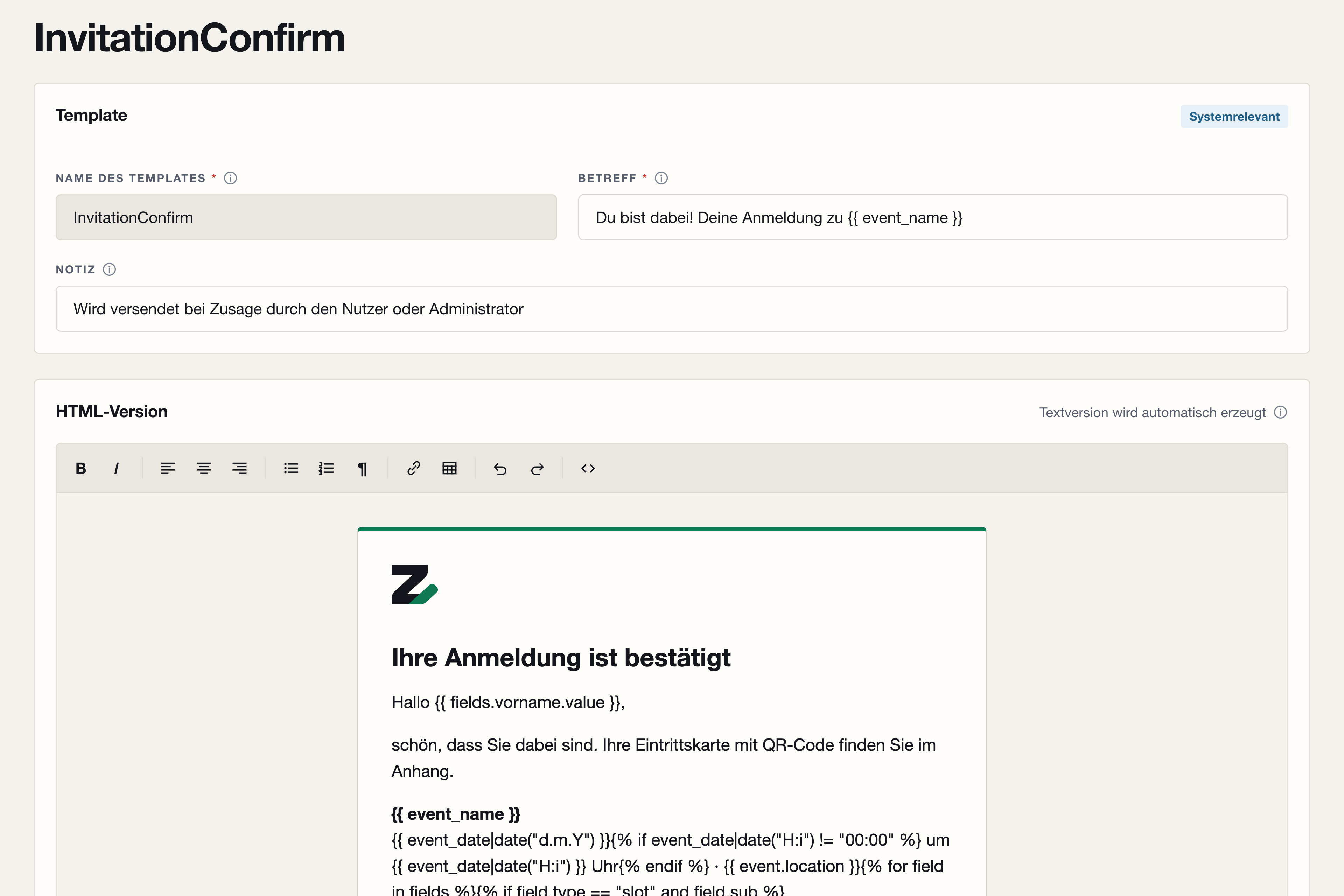 Mailvorlagen mit Platzhaltern, die Textfassung entsteht automatisch